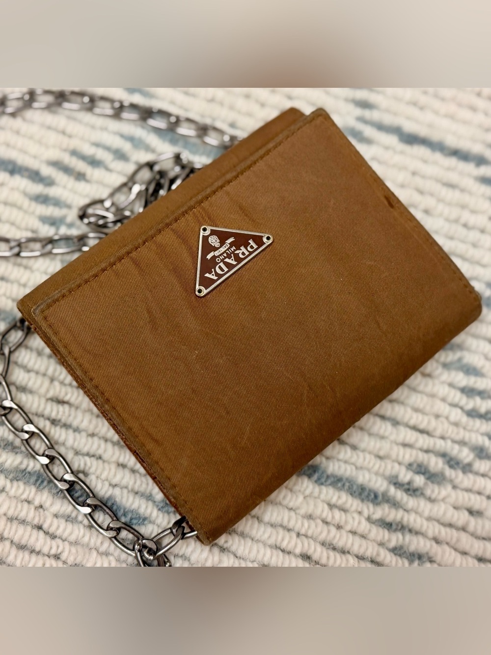 PRADA Vintage Y2K Chic Minimalist Brown Tessuto Nylon Trifold Wallet W/ Chain - Picture 6 of 16